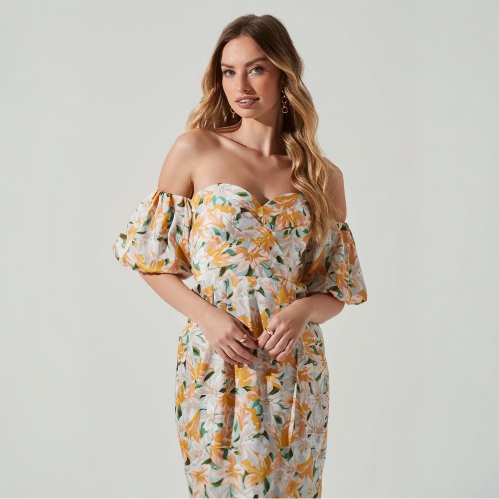 ASTR Floral Strapless Midi Dress Puff Sleeve Sweetheart Slit Yellow Green S - Picture 3 of 16